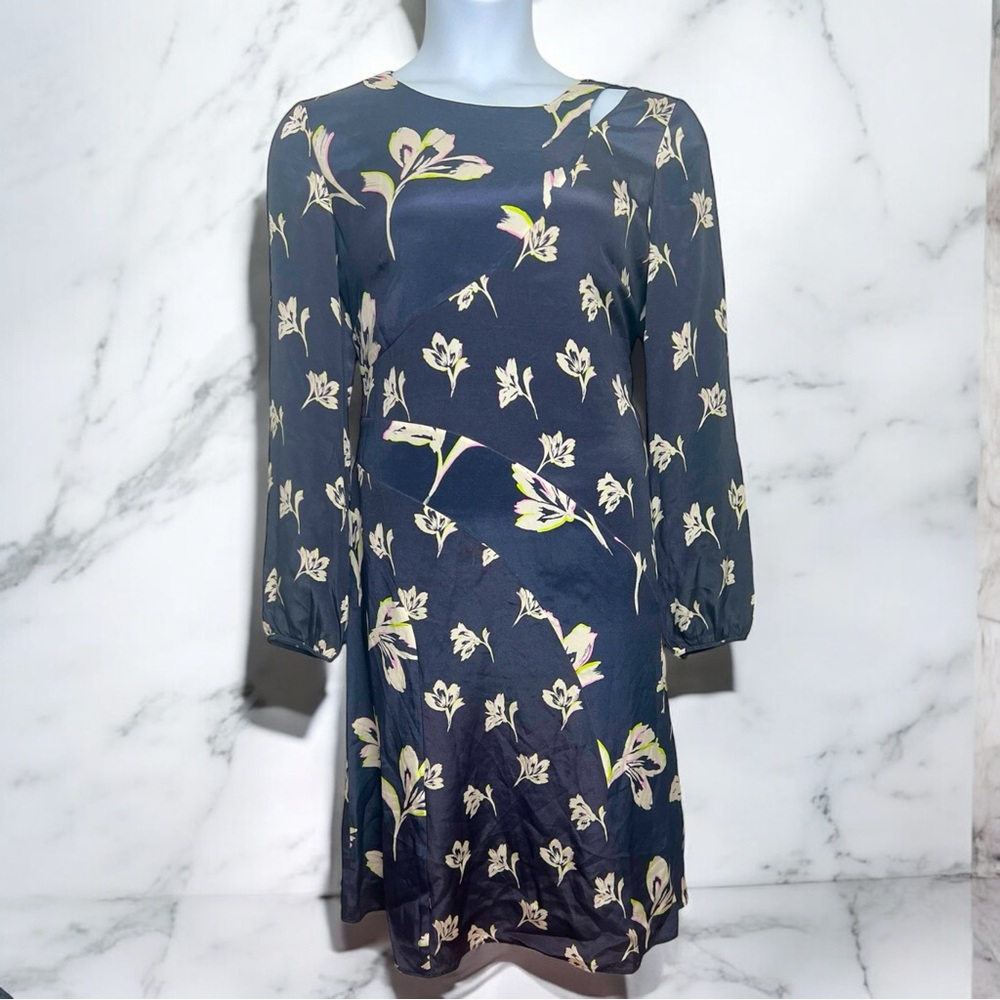 St. John Floral Bias Cut Silk Dress with Collar Cutout — Size 12, Dark Navy